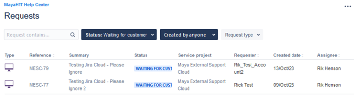 Requests user interface showing the request list with 2 results