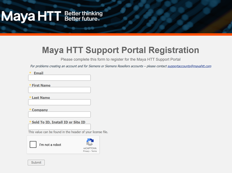 Maya HTT Support Portal Registration user interface