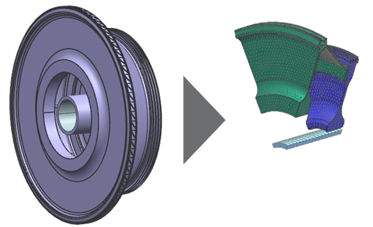 Full HPC disk and shaft on the left, and a cyclic symmetric sector of the model on the right.