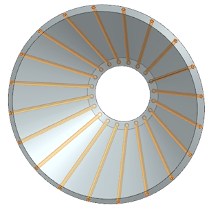 Circular component with evenly spaced holes circumferentially distributed in a circular pattern around the axis of rotation