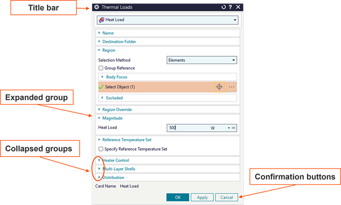 Thermal Loads dialog box highlighting the title bar, expanded and collapsed parameter groups, and confirmation buttons