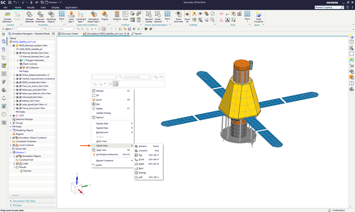 Satellite model showing the orient view right-click command options