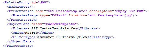 XML snippet defining a custom FEM template in Simcenter 3D Space Systems Thermal.