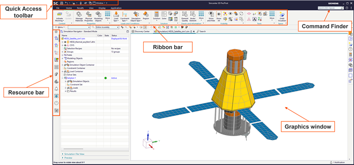 The Simcenter 3D user interface showing several key elements that provide efficient access to commands and support model interaction