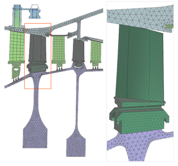 Meshed turbine blade model with a highlighted section and zoomed-in view showing detailed 3D mesh.