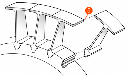 Turbine blade assembly showing the location where chocking elements are used in the model.