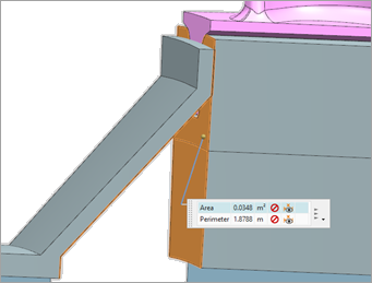 Zoomed-in model of a blade component and measurement tool displaying convective area.