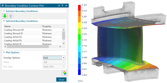 Boundary condition contour plot showing a spatially varying coating-thickness field on a turbine blade.