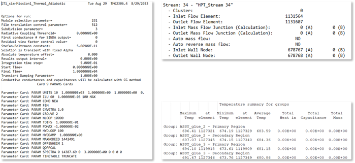 Excerpt from the thermal solver report file showing model parameters, stream information, and group result summaries used for troubleshooting and model validation.