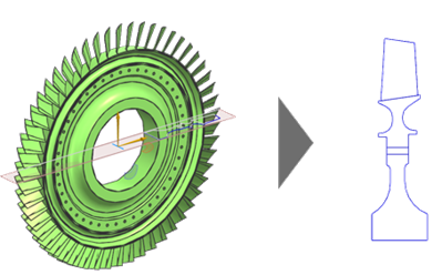3D turbine disk geometry projected onto an axisymmetric plane to generate a 2D cross-sectional curve using the Revolve Outline method.