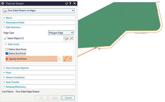Thermal Stream dialog box and turbine surface mesh showing Path Selection used to define a thermal stream along connected edges between selected start and end points without modifying the CAD geometry.
