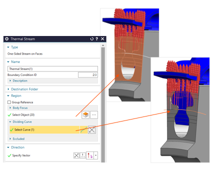 Thermal Stream setup dialog and turbine blade model showing flow direction defined with a vector and use of a dividing curve to apply boundary conditions to selected portions of the blade surface.