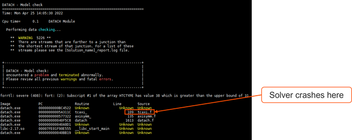 Thermal solver crash location identified in the log file.