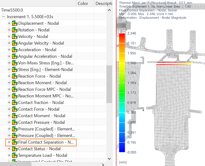 Final Contact Separation result set shown in the Post-Processing Navigator and displayed in the graphics window.