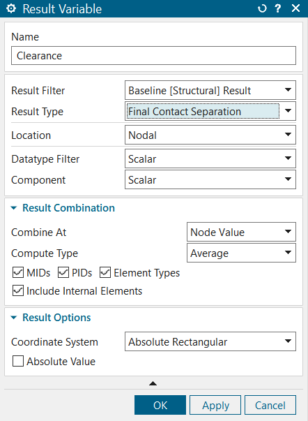 Result Variable dialog box with Final Contact Separation selected in the Result Type list.
