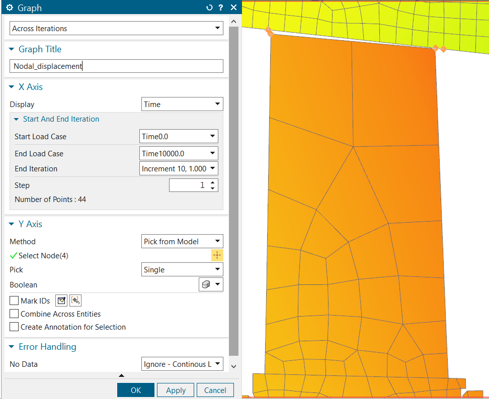 Graph dialog box with four nodes selected representing the blade's leading and trailing edge nodes and their corresponding nodes on the static side that are displayed in the graphics window next to the dialog box.