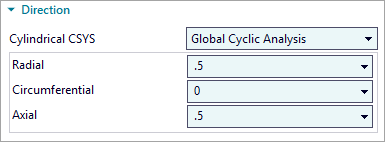 The dialog box showing cylindrical coordinate inputs: radial set to 0.5, circumferential to 0, and axial to 0.5 under a Global Cyclic Analysis system.