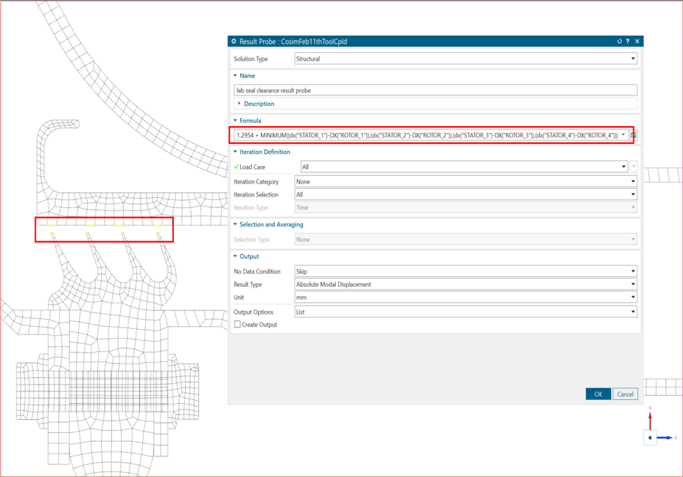 Result Probe dialog box showing the expression in the formula field and the labyrinth seal in the graphics window.
