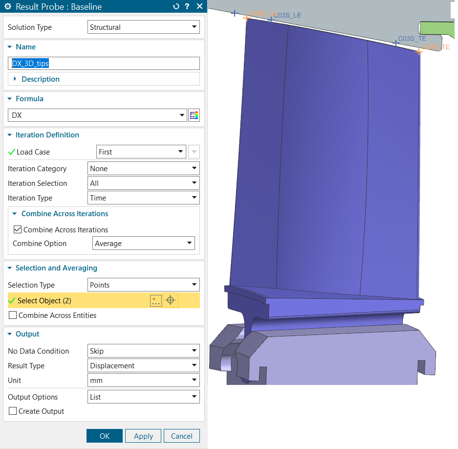 Displayed stage compressor blade with leading and trailing edge nodes selected and opened Result Probe: Baseline dialog box.