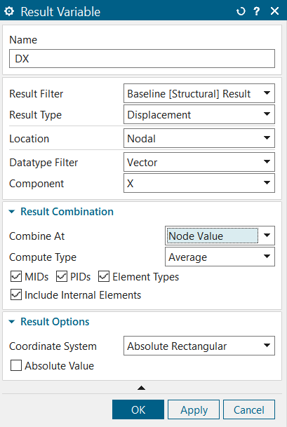 Result Variable dialog box with selected options for creating Cartesian X displacement result variable.