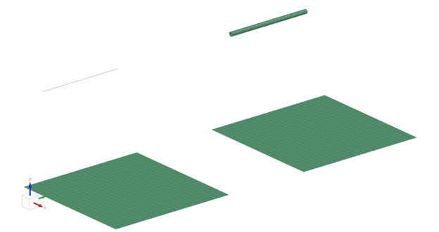 Meshed model showing two plates, a beam, and a cylinder.
