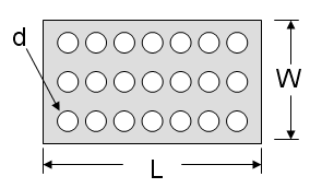 A rectangle representing a thin plate of length L and width W with equally spaced holes of diameter d on its area.