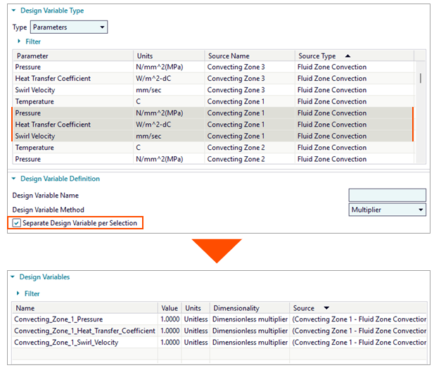 Dialog box showing multiple selected quantities with an option enabled to automatically create a separate design variable for each selection.